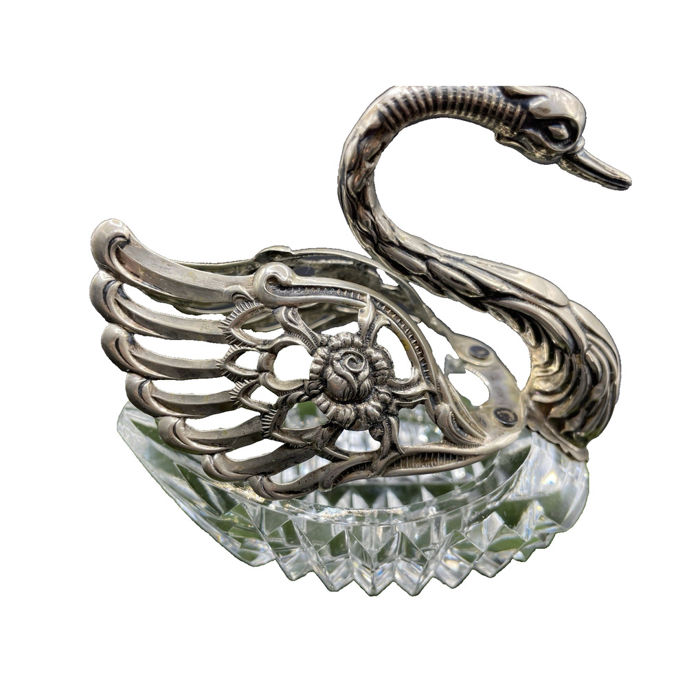 German 835 Silver Swan Albo Cut Glass Salt Cellar Signed - Picture 3 of 13
